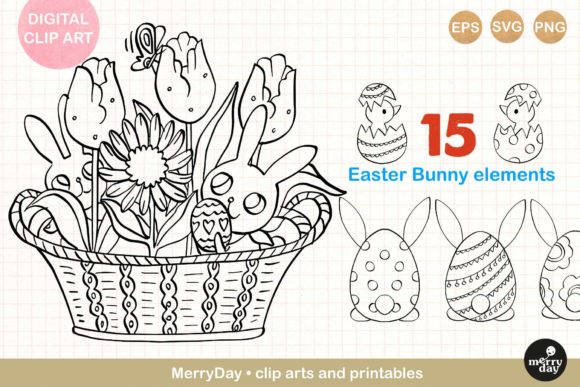 15 Decorative Easter Bunny Line Art: Graphics & Illustrations